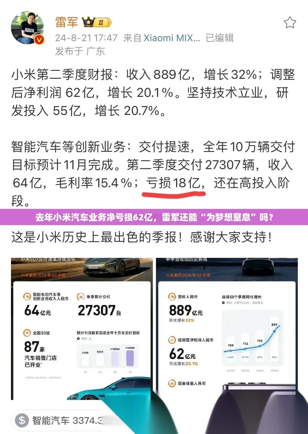 去年小米汽车业务净亏损62亿，雷军还能“为梦想窒息”吗？